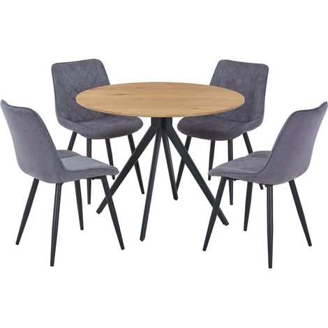 Aspen Light Oak Round Table & 4 Grey Fabric Chair Set - MDF/Metal - L54 x W53.5 x H85.5 cm
