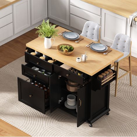 Kücheninsel 107x45-70x90.5 cm schwarz/natur MDF mit Rollen und ausziehbarer Arbeitsplatte (1/5)
