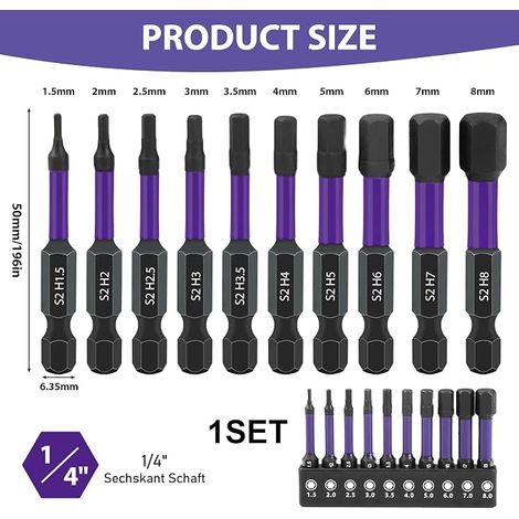 Embouts Visseuse Hexagonale, 50mm Hex Tige Tournevis Tete 1/4" Embout Tournevis Hexagonale Tige Coffret Embout S2 Acier Visseuse Allen Sets Perceuses Sans Fil Perceuse Main (1/4)