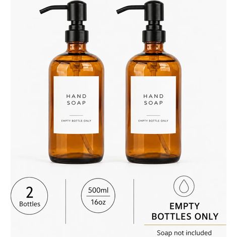 Distributeur de savon en verre ambré (2 pièces - 500 ml) avec pompe noire mate, flacon de savon liquide rechargeable pour salle de bain, cuisine ou plan de travail (500 ml). (1/5)