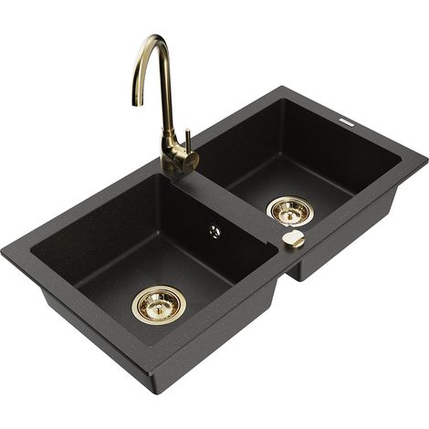 Mexen Mario lavello da cucina in granito a 2 vasche con rubinetto Telma, nero/oro - 6504-75-670200-50 (1/5)