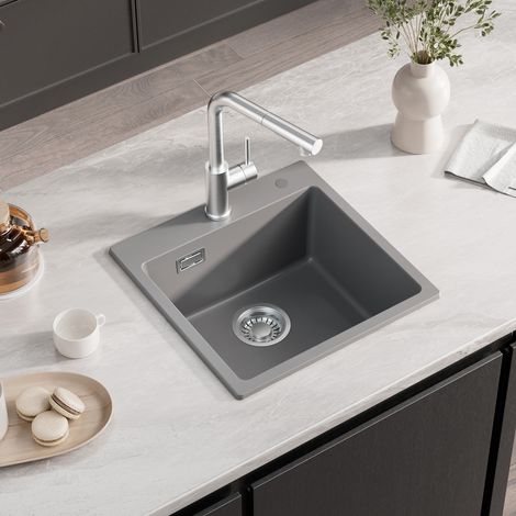 Évier de cuisine CECIPA MAX en résine 45x45 cm - Petit évier encastrable gris moderne avec siphon, bonde de vidage et trop-plein intégré (1/5)