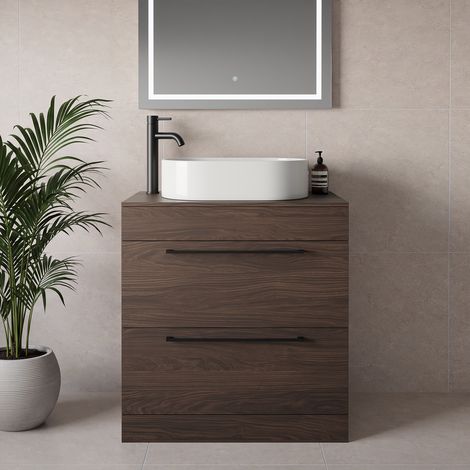 Napoli 460 Brown Oak 800mm 2 Drawer Vanity Unit for Countertop Basins - 800mm - Matt Black 480mm Handle
