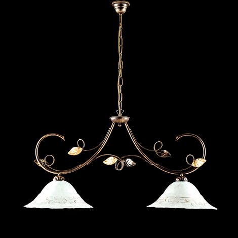 Bilanciere 2 Luci Ferro Battuto Marrone E Oro Vetro Bianco E Oro Serie Magnolia