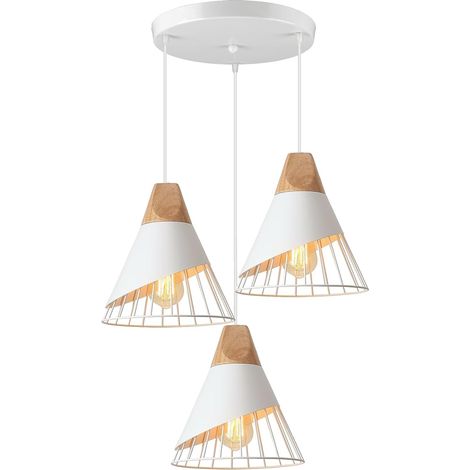 Suspension Luminaire Moderne Industrielle Bois Lustre Abat-jour Métal Vintage forme Cage Ø25cm Plafonnier E27 Design pour Cuisine Chambre Salon (3 lampes - Blanc - base) [Classe énergétique A] (1/5)