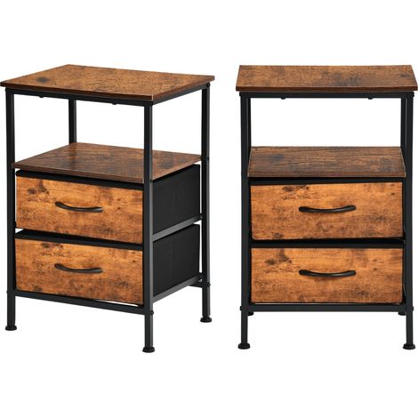 FurnitureR Nachttisch mit 2 Schubladen Industrieller Beistelltisch Holzoptik Nachtkommode Schlafzimmer Möbel mit Ablage Metallrahmen Bettseite (1/5)