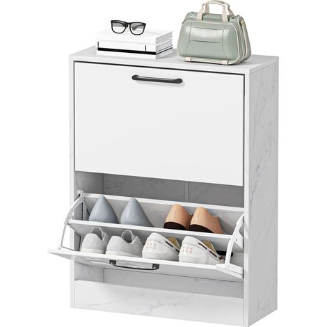 Meuble à chaussures étroit 2 portes laquées brillantes, étagères réglables, design marbre blanc, pour 8 paires, 60x24x80 cm