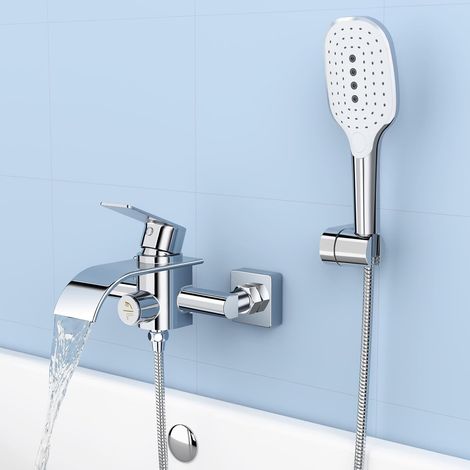 Robinet de Baignoire avec Douchette, Robinet de Baignoire en Laiton, Mitigeur de Douche avec Interrupteur de Pression, Robinet de Douche en Saillie, Robinet de Baignoire (Chrome) (1/5)