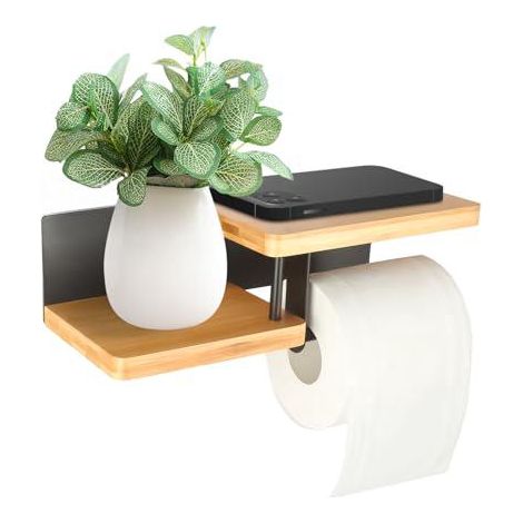 Porte Papier Toilette Mural en Bois de Bambou [sans PERCAGE]  Derouleur Papier Toilette de Haute qualité avec étagères  Noir  Porte Rouleaux de Papier Toilette (1/5)