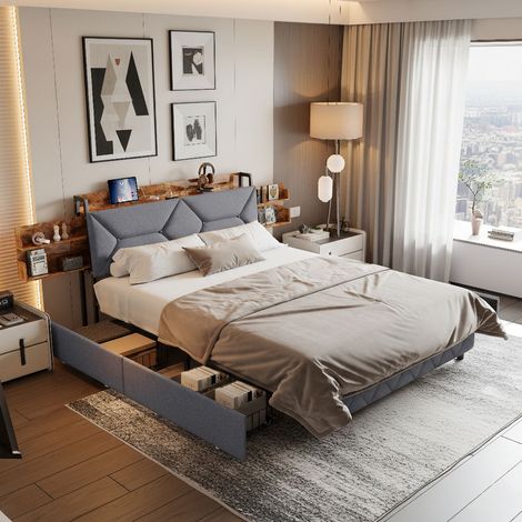 Lit capitonné 140x200 cm en métal, avec 4 tiroirs, espace de rangement avec étagères double face, USB/type C, cadre de lit double avec sommier à lattes, gris (1/5)
