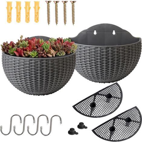 Pot de fleurs mural semi-rond en rotin synthétique suspendu, décoration pour balcon, intérieur et extérieur, lampe à fleurs avec réservoir d'eau intégré, gris argenté, lot de 2, taille L (1/5)