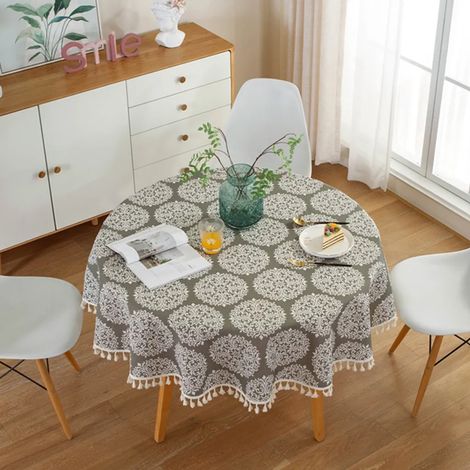 Nappe ronde à pompons de 150 cm, en polyester et coton, pour table à manger, table basse, table de jardin (motif rétro vert foncé) (1/4)