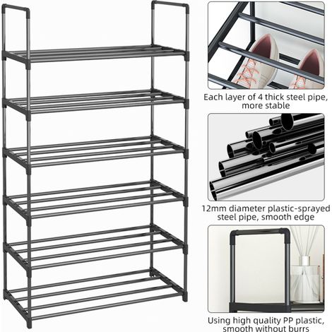Étagère à chaussures à 4 ou 6 niveaux, rangement à chaussures en métal empilable, noir, pour salon, couloir ou entrée. (1/5)