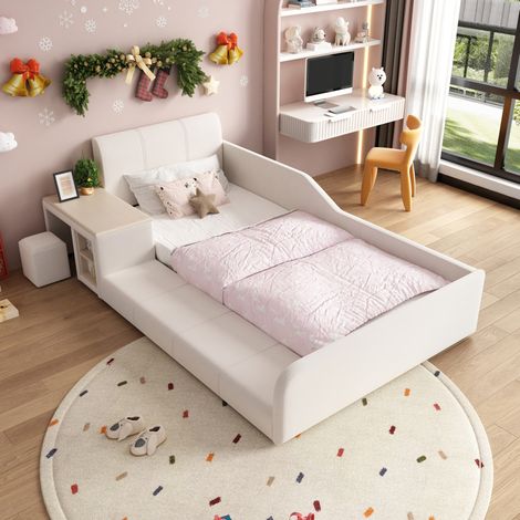Letto bambini 90x200 cm con scrivania, ripiano, testiera e base, in velluto bianco, materasso non incluso (1/5)