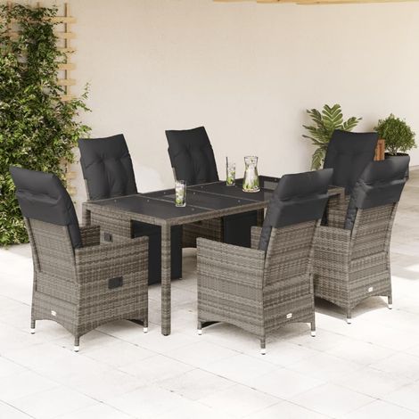 7-tlg. Garten-Bistro-Set mit Kissen Grau Poly Rattan (1/5)
