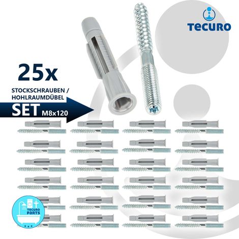 tecuro Stockschraube M 8 x 120 mm, verz. mit Universal Hohlraumdübel - 25 Stück