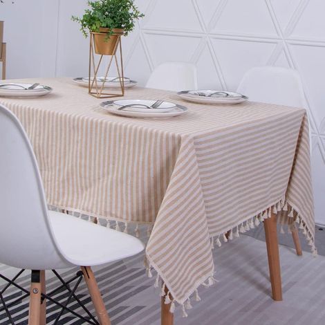 Nappe rectangulaire en coton et lin rayé – Résistante à l'huile et aux taches – Lavable – 100x140 cm pour intérieur et extérieur (1/5)