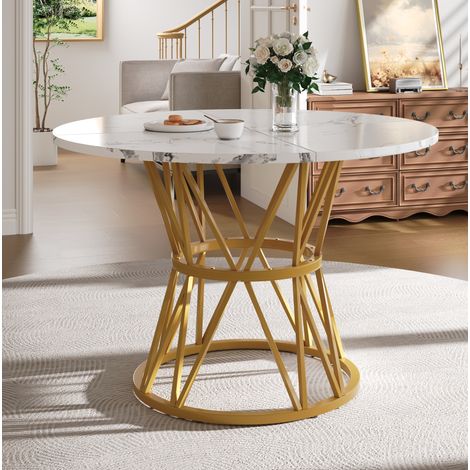 Runder Esstisch (100×100×76cm), Küchen-Esstisch, runder Couchtisch für 4 Personen, geeignet für Esszimmer, Wohnzimmer, stilvolle Tischbeine aus Metall, Tischplatte aus MDF-Marmor, Gold (1/5)