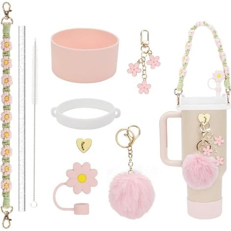 Ensemble de 7 accessoires Coupe Stanley avec couvre-tasse à pompon, couvre-paille et breloque pour tasses, pour filles, voyages, école, rose clair (1/4)