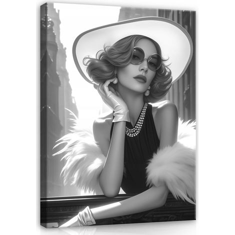 tableau femme avec chapeau noir et blanc sur toile pour chambre salon 60x40 (1/3)