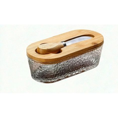 Beurrier rectangulaire en verre martelé, boîte à beurre avec couvercle bambou et couteau, conservation du beurre pour cuisine