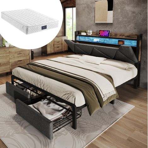 Cama tapizada de lino gris 140x200 cm con colchón, LED, cabecero con almacenaje, USB-C y 2 cajones (1/5)