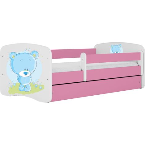 Lit enfant et adolescent 80 x 180 cm avec tiroir et barrière amovible rose, motif ourson bleu et fleurs (1/5)