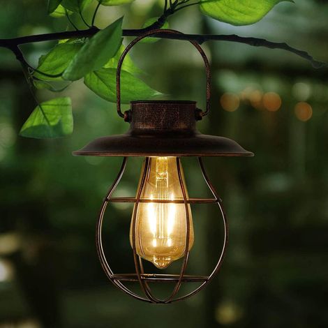 Lanterne solaire métal Edison rétro, LED flamme IP44, jardin terrasse balcon, décoration, crochet suspendu (1/5)