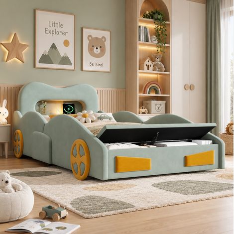 Letto a forma di auto per bambini 90x200 cm in flanella verde con contenitore - MEUBLIV (1/5)