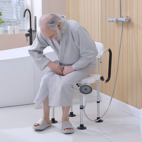 Chaise de douche pour seniors, personnes handicapées et femmes enceintes rembourrée avec forme en U, 54x52x70-82cm, blanche