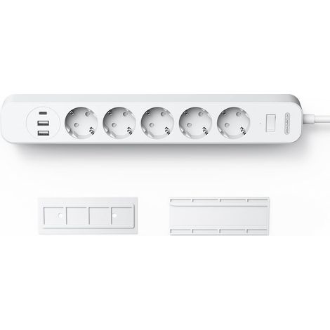 Multiprise Murale avec Plaque Adhésive, 8 en 1 Multiprise Murale 5 Prises avec USB C, Multiprise Electrique 1,5 m, 2500W, pour Maison, Bureau et Cuisine, Blanc (1/5)
