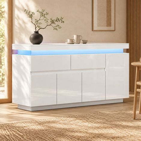 Aparador 140 x 35 x 72,5 cm con 2 cajones, 4 puertas, LED y blanco brillante DESVIAE (1/5)