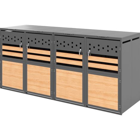 Abri pour poubelles, avec couvercle rabattable, compartiments de rangement pour déchets, verrouillable, quatre portes, blocs à veinage horizontal du bois