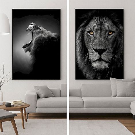 Ensemble 2 Tableaux Lions Verre Trempé Noir Blanc 80x4x120cm (1/2)
