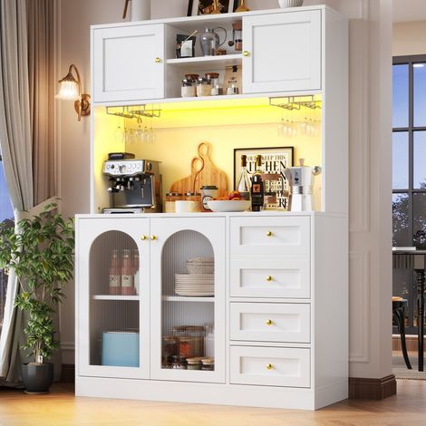 Élément haut de cuisine-buffet 4 portes style campagnard-LED intégré-porte-gobelets-noir et blanc-120x40x188cm