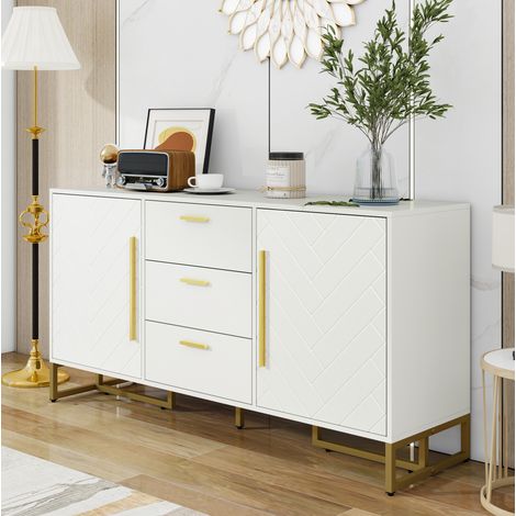Credenza in MDF con 2 ante e 3 cassetti, maniglie e gambe dorate, per sala da pranzo, cucina e soggiorno, bianca (1/5)