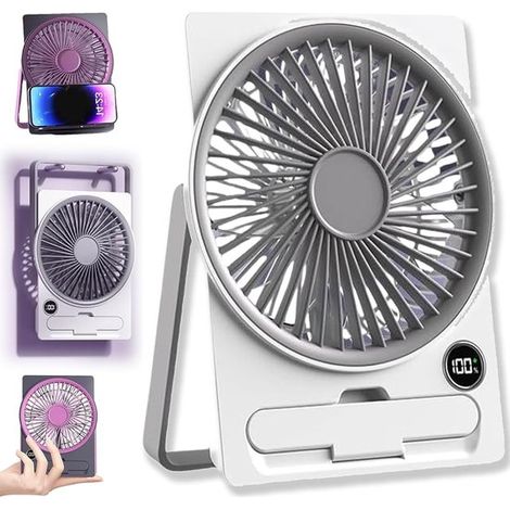 Mini ventilateur format carte de visite avec support pour téléphone - Rechargeable ultra-silencieux - Inclinable à 180° et pliable - 6 vitesses - gris (1/5)