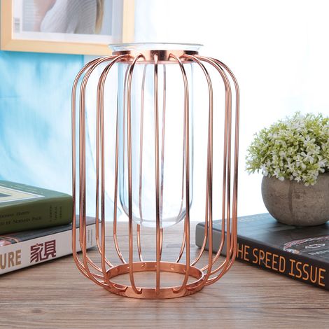 Suspension en fer forgé forme lanterne nordique, vase de table en verre et métal, doré rose, pour fleurs artificielles ou séchées (1/5)