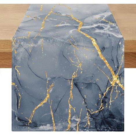 Chemin de table lavable 40x200 cm aspect marbre bleu or moderne