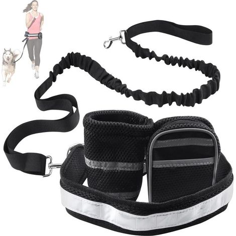 Kit de Laisse de Chien Courir Idéal pour Course à Pied, Jogging et Marche --Laisse Mains Libre, Deux Pochettes, Ceinture Réglable Haute noir (1/5)