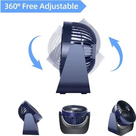 Ventilator, leiser USB-Ventilator, 360° drehbarer Tischventilator, 3-stufiger USB-Tischventilator, Tischventilator für Schlafzimmer, Wohnmobil, Blau (1/5)