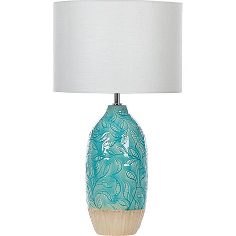 Lámpara de mesa de base de cerámica azul turquesa pantalla de tela blanco boho rústico Ataba (1/5)