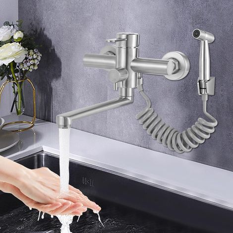 Wandmontage Wandarmatur für Küche Edelstahl Wasserhahn mit Spritzpistole 360° drehbar Küchenarmatur Wandmontage Waschbeckenarmatur Einhebelmischer Einstellbarer Wasserauslassmodus
