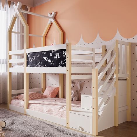 Lit enfant 90x200cm design cabane dans les arbres, avec tableau noir, protection anti-chute, naturel et blanc (sans matelas) (1/5)
