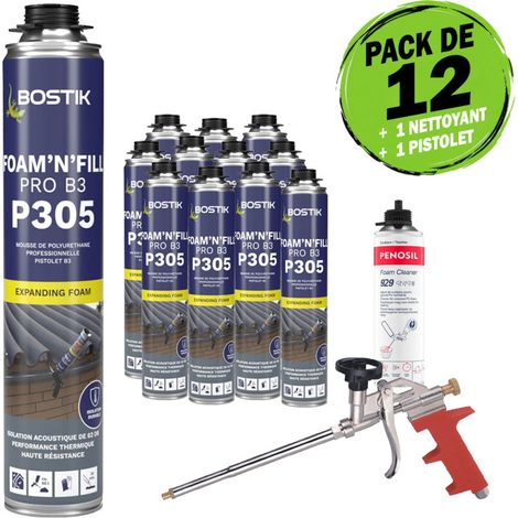 Bostik – Pack de 12 mousses PU pistolables 750ml – Mousse polyuréthane pour isolation et remplissage – Nettoyant Penosil 500ml – Pistolet professionnel - P305 FOAM'N'FILL PRO B3
