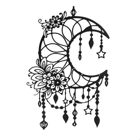 Lntyq Art Mural Noir en Métal, Motifs de Lune, De Fleurs et D'étoiles DéCoration Murale Ronde Silhouette Art, pour Cadeau Intérieures et Extérieures Jardin Maison Décoration(30x20cm)