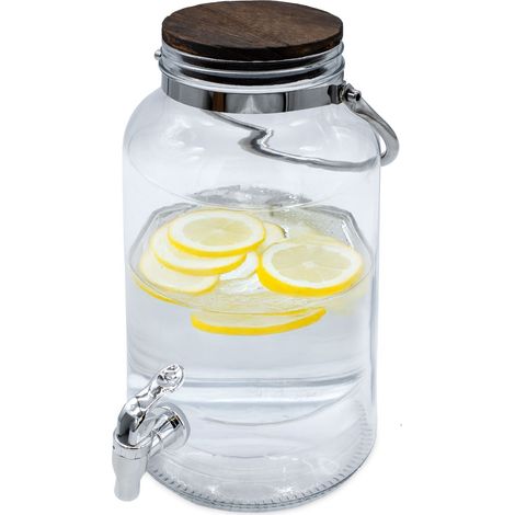 Getränkespender mit Zapfhahn und luftdichtem Holzdeckel - 6 Liter - Glas Wasserspender mit Tragegriff aus Metall