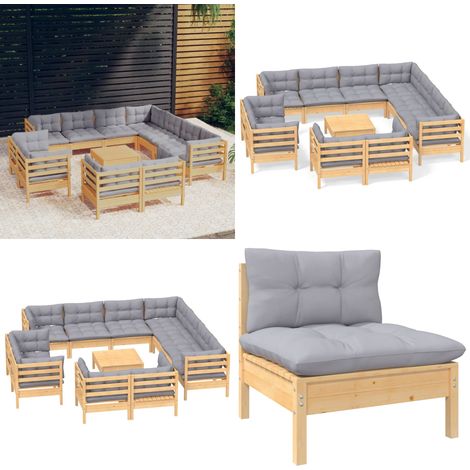 12-tlg. Garten-Lounge-Set mit Grauen Kissen Massivholz Kiefer - Gartenmöbeln - Lounge Set - Outdoor Möbel - Gartenmöbel Set - Kiefernholzmöbel - Home & Living