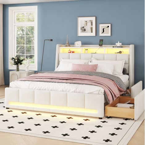 Cama doble almacenamiento LED USB beige OKMYHOME (1/5)