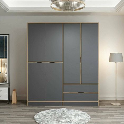 Großer Odalys Kleiderschrank, Schlafzimmer, 5 Einlegeböden, Kleiderstange, 2 Schubladen, 185x208h cm Schwarz Schwarz Anthrazit und Nussbaum\ und Nussbaum\ (1/4)